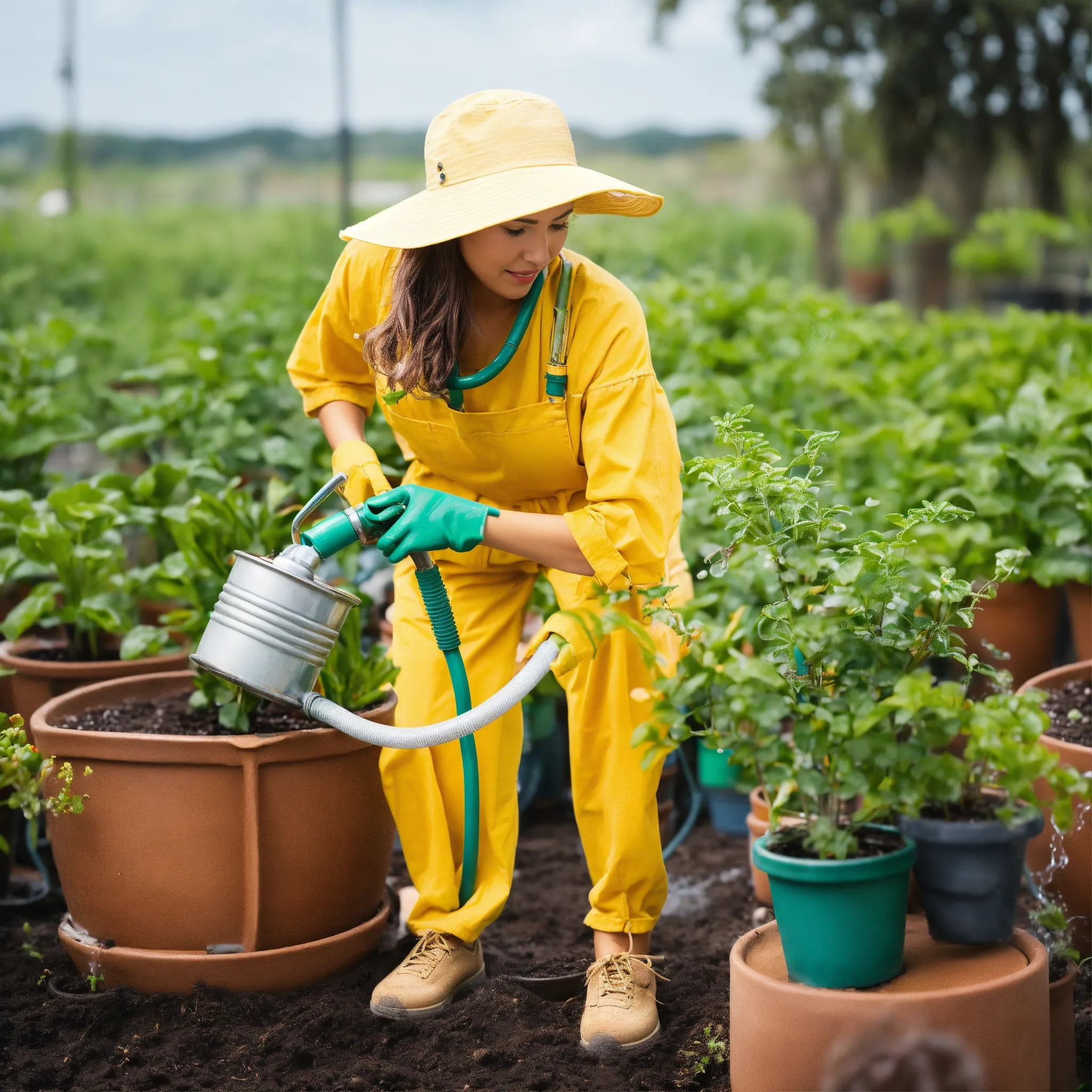 Person arranging flowers in a garden setting